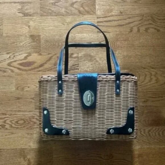 Kate Spade New York Handbag Wicker Basket Black Patent Leather Purse Tote Picnic - Picture 5 of 5